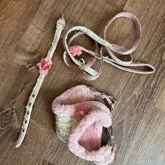 Tweed & Faux Fur Three Piece Harness, Collar & Leash Set  Size S - Picture 1 of 11